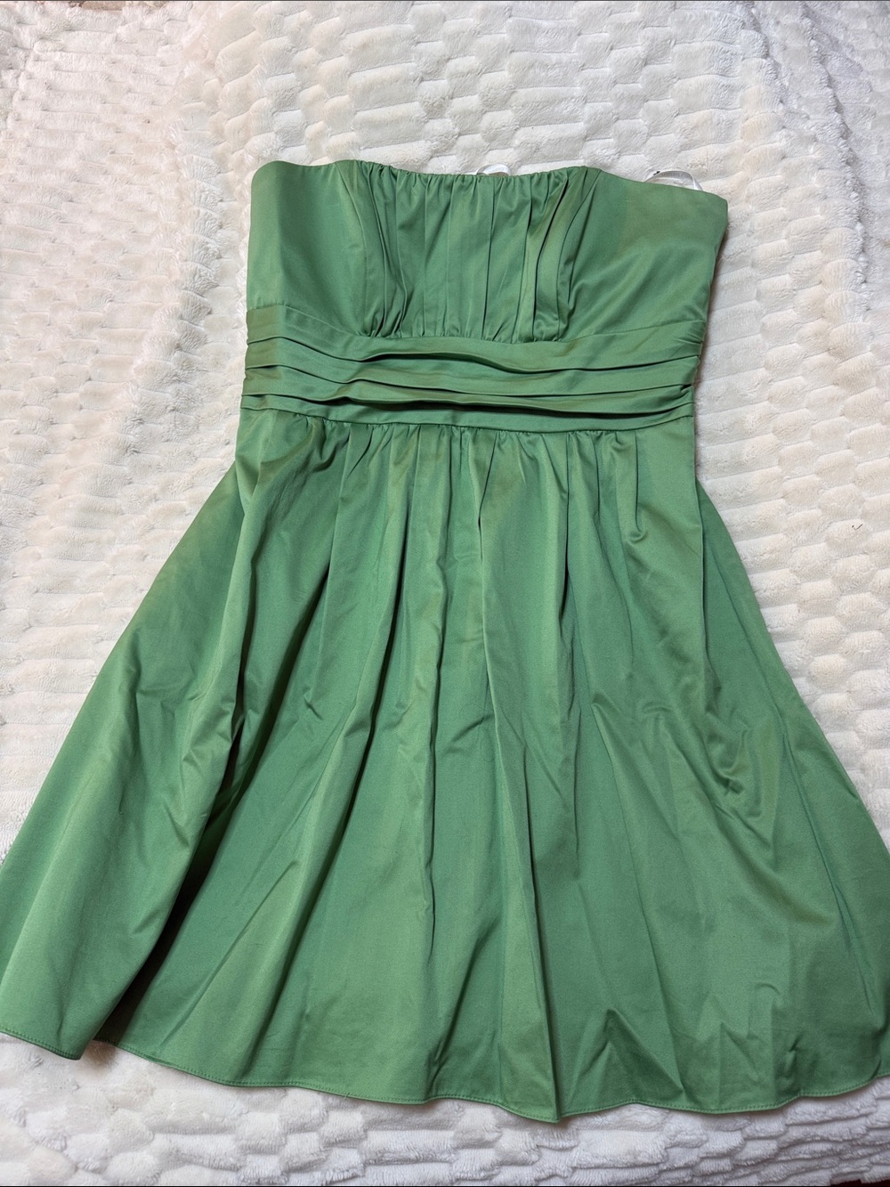 David's Bridal Strapless Sage Green Pleated Waist Cocktail Dress